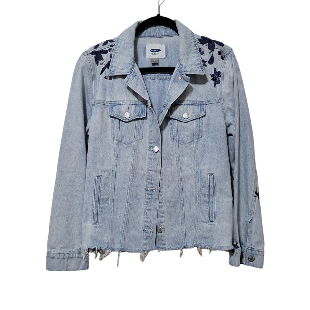 Old Navy Light Blue Denim Jacket with Floral Embroidery and Raw Hem | Size L